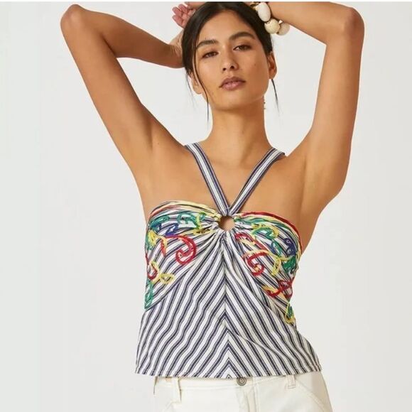 Anthropologie Tops - Anthropologie Tiny Avril Embroidered Striped Knit Halter Top Size Medium